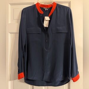 Vince NWT Navy Blue Long Sleeve 100% Silk Blouse Orange Trim Women's Size 2